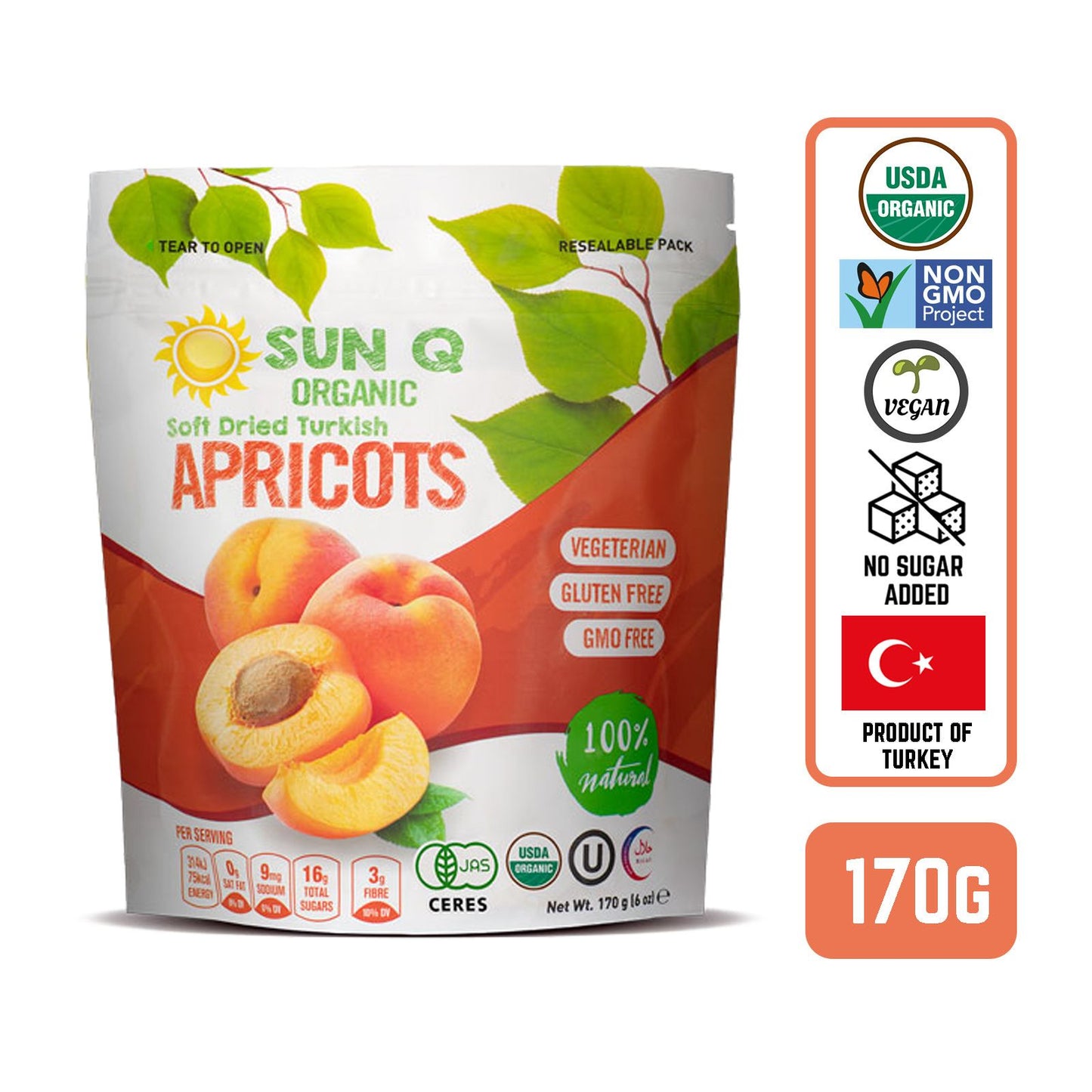 SunQ Organic Soft Dried Apricots, 170g - Foodsterr PTE LTD