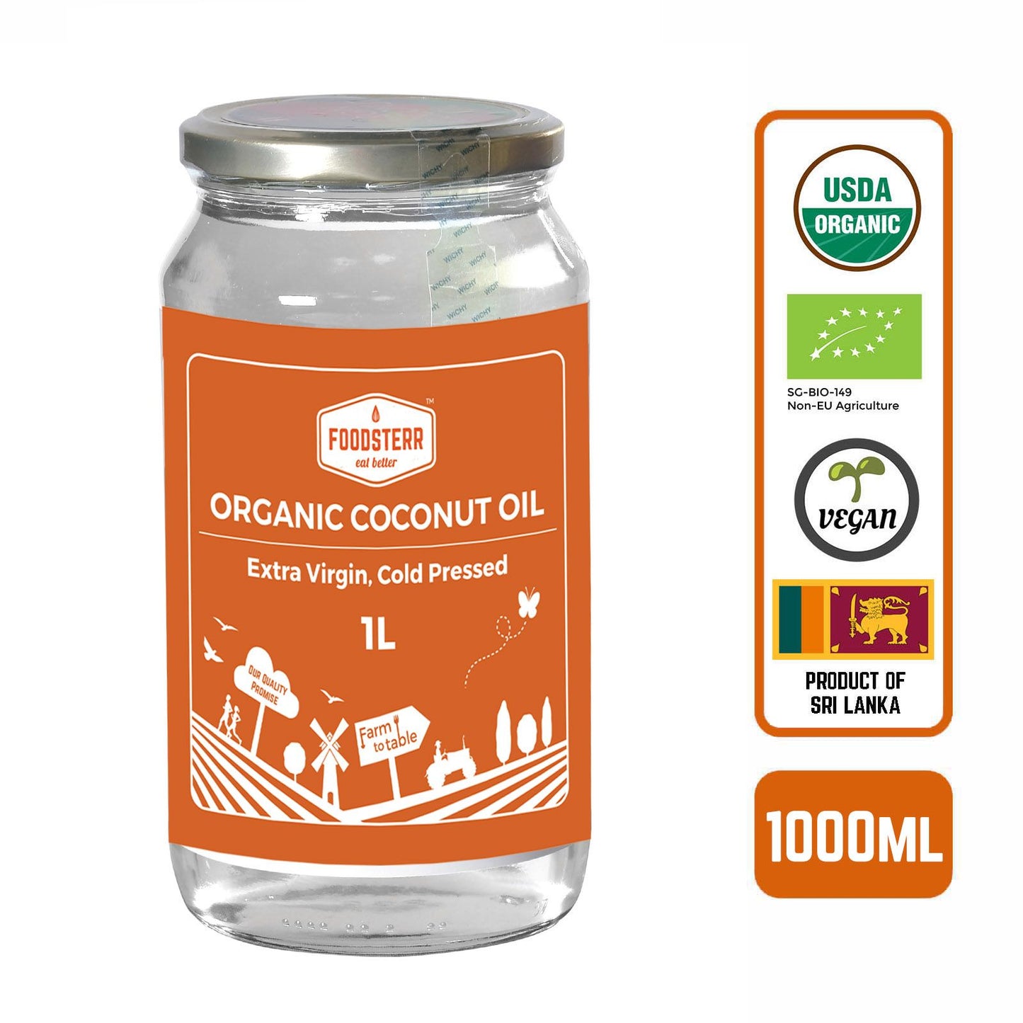 Foodsterr Organic Coconut Oil - Virgin Cold Pressed, 1L - Foodsterr PTE LTD