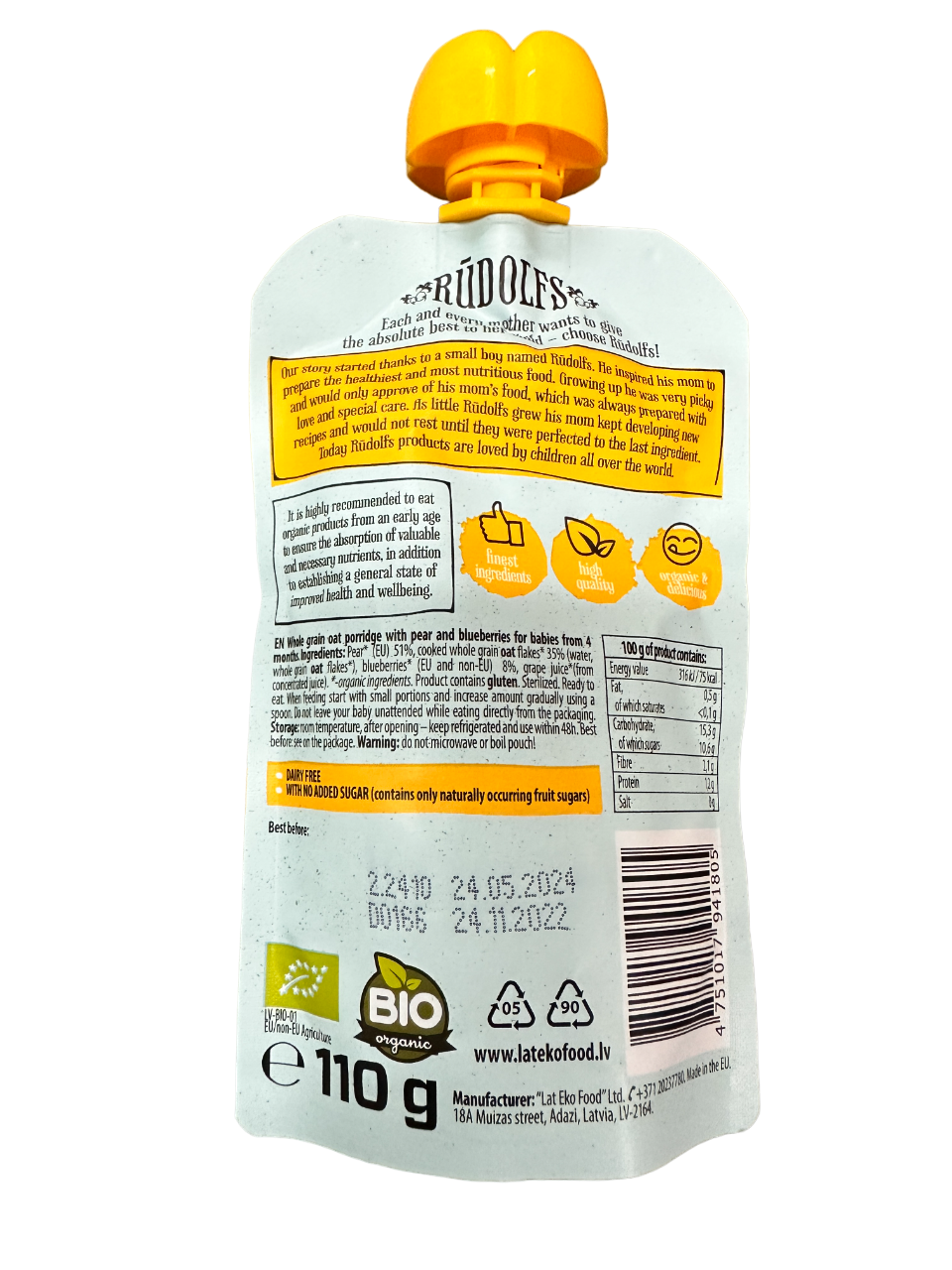 Rudolfs Baby Organic Pear Blueberry Oat Porridge 4+ Months - Foodsterr PTE LTD