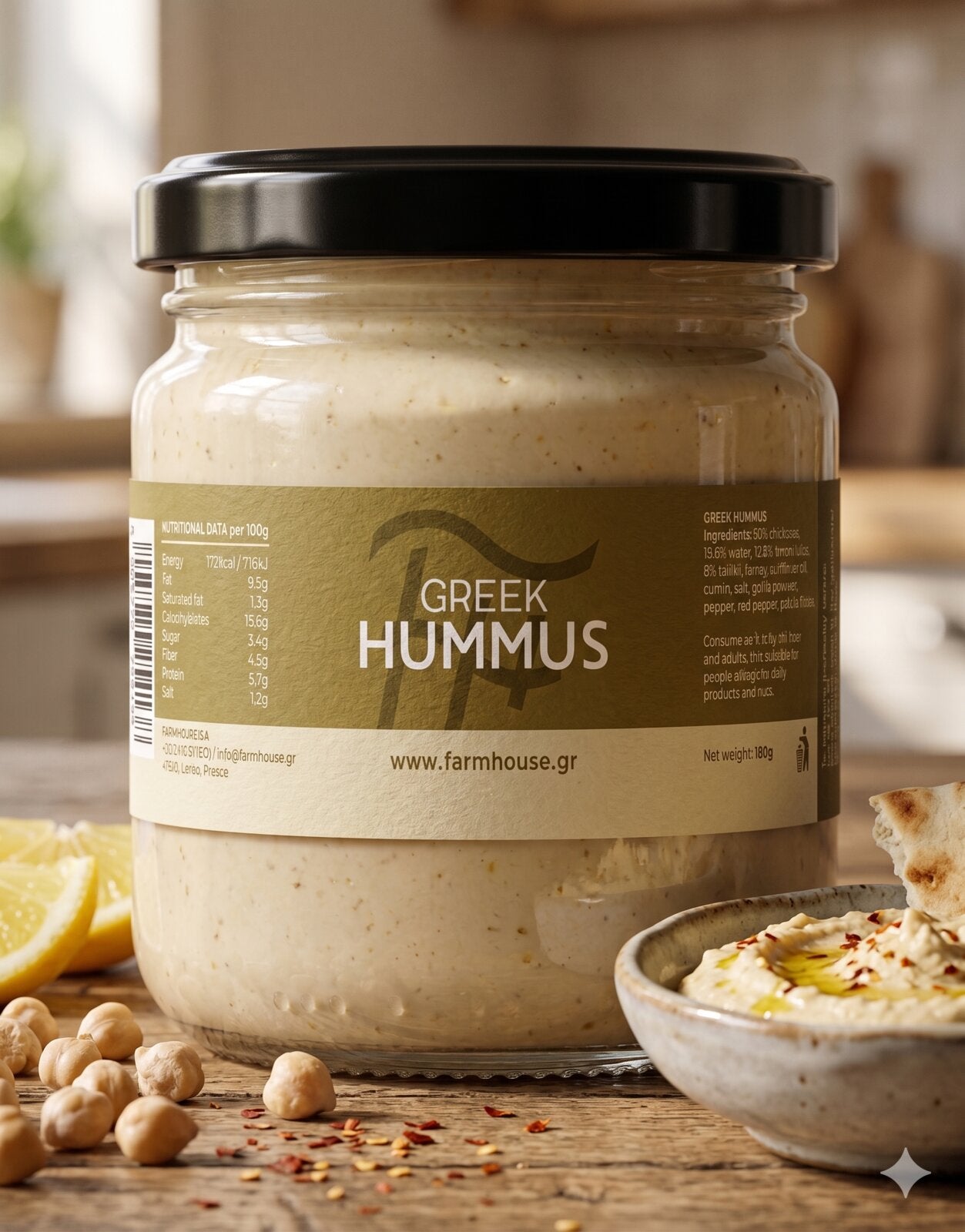 Farmhouse Greek Hummus. GMO & Preservative Free, 180g