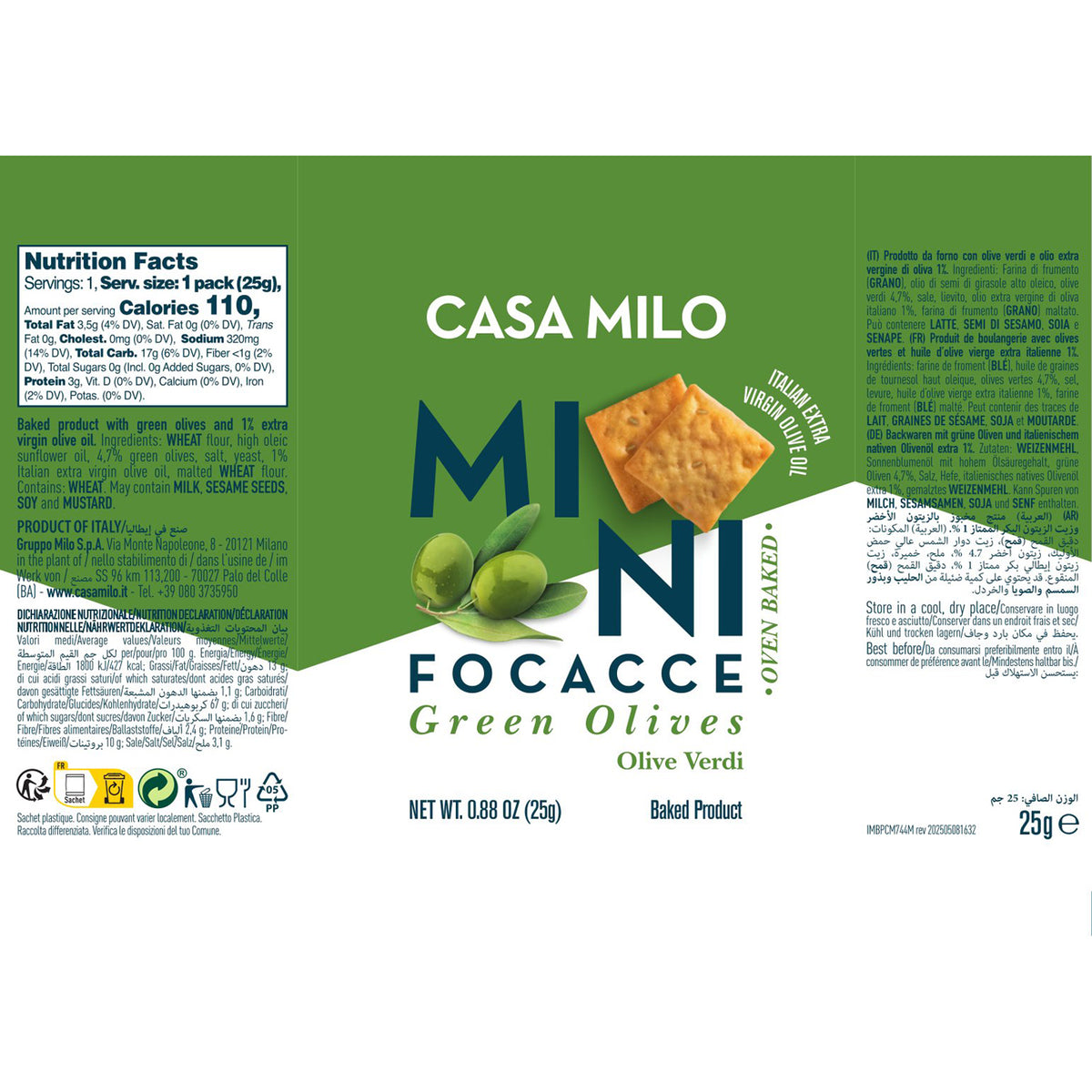 Casa Milo Mini Italian Baked Crackers Chips Focaccia - Green Olives 25g