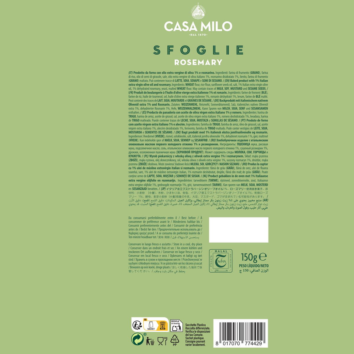 Casa Milo Italian Baked Flatbread Crisps Sfoglie All Natural Rosemary 150g
