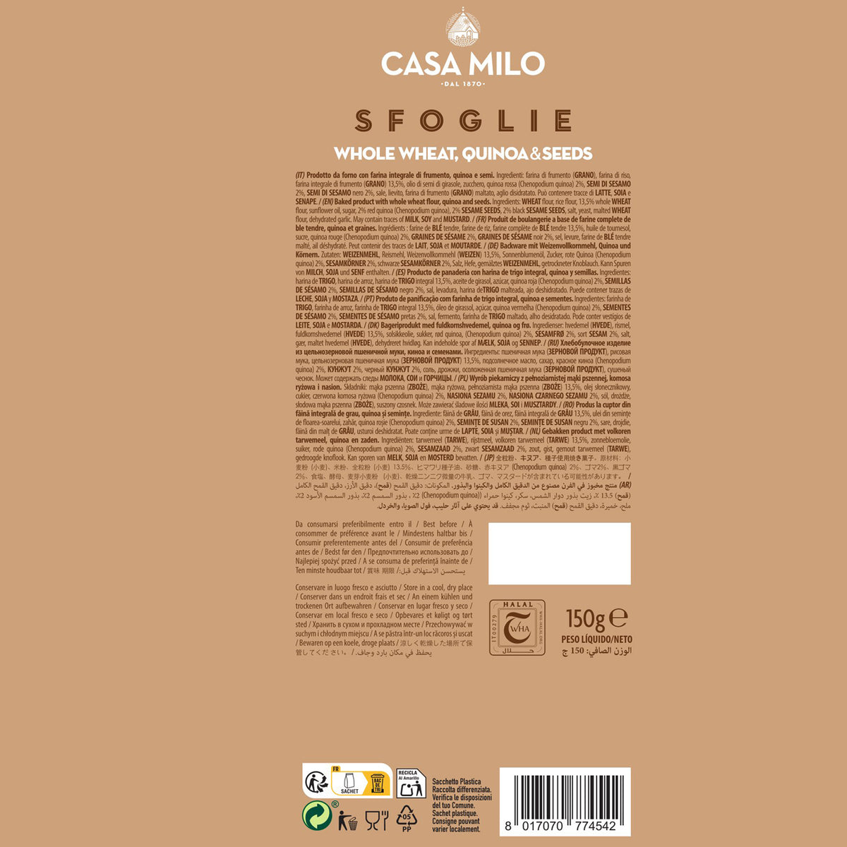 Casa Milo Italian Baked Flatbread Crisps Sfoglie All Natural Whole Wheat, Quinoa, Seeds 150g