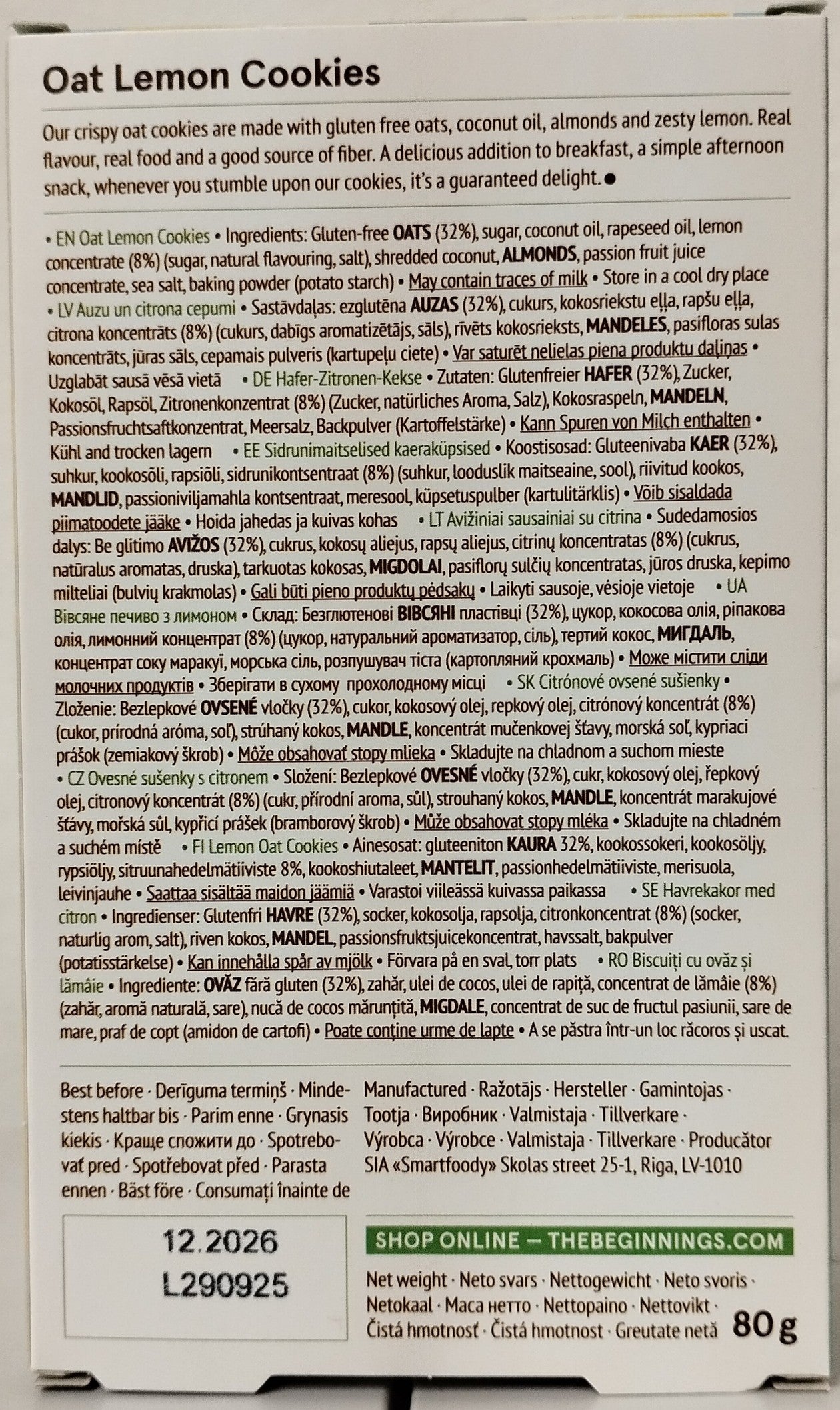 The Beginnings Oat Lemon Cookies, 80 g