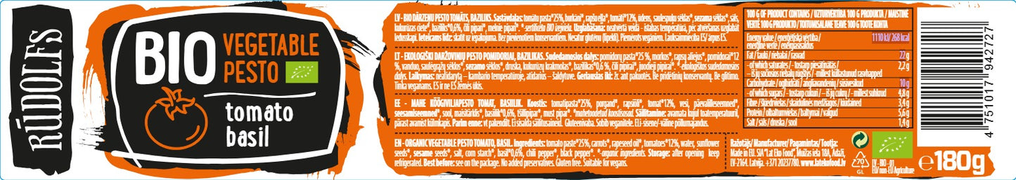 Rudolfs Organic Vegetable spread - Tomato & Basil (Gluten Free) 180g Carton (6 Bottles)
