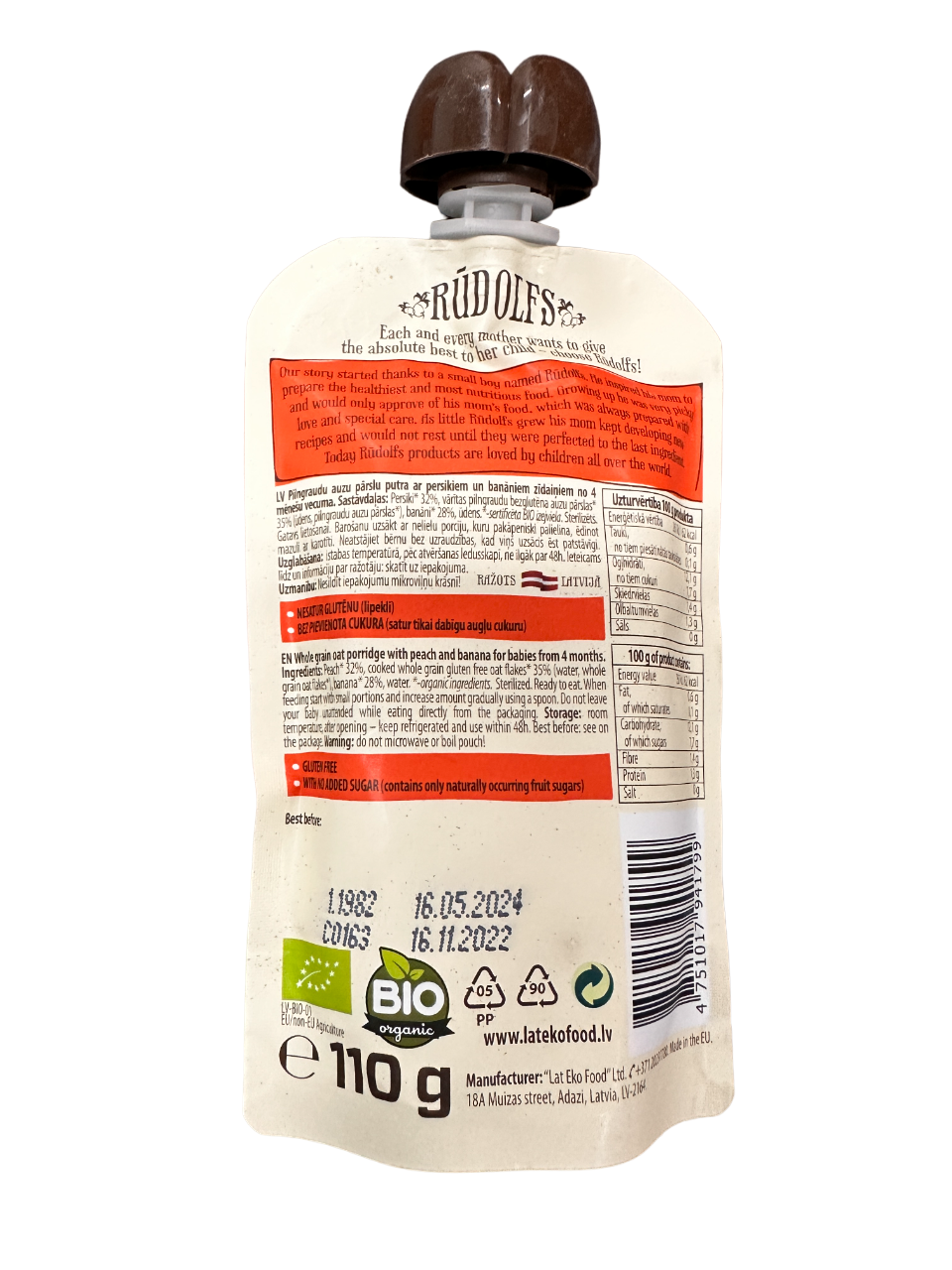 Rudolfs Baby Organic Peach Banana Oat Porridge 4+ Months - Foodsterr PTE LTD