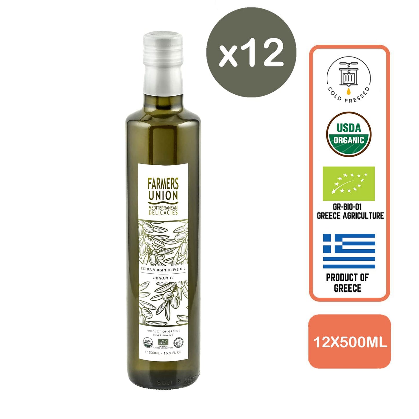Farmers Union Organic Extra Virgin Olive Oil - Cold Pressed, 500ml (12pc/case) - Foodsterr PTE LTD