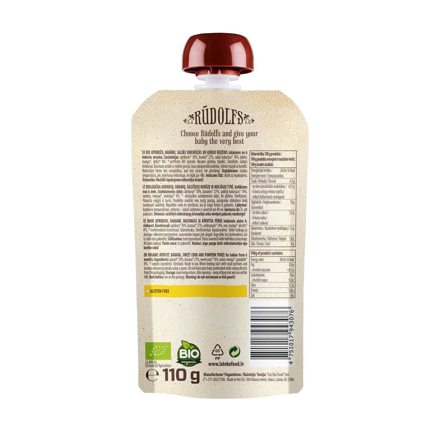 Rudolfs Baby Organic Apricot, Banana, Corn & Pumpkin 6+ Months (8 pcs)