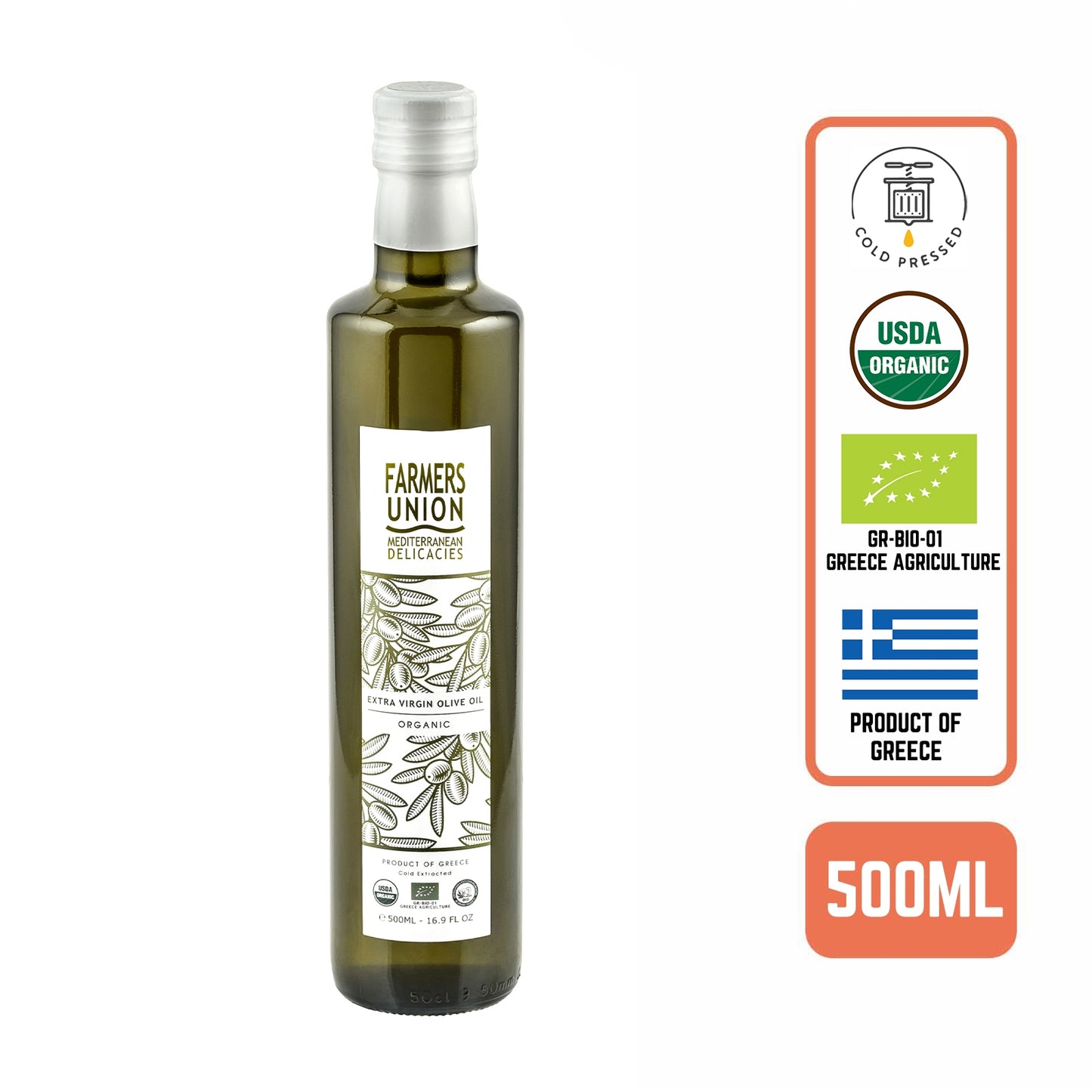 Farmers Union Organic Extra Virgin Olive Oil - Cold Pressed, 500ml - Foodsterr PTE LTD