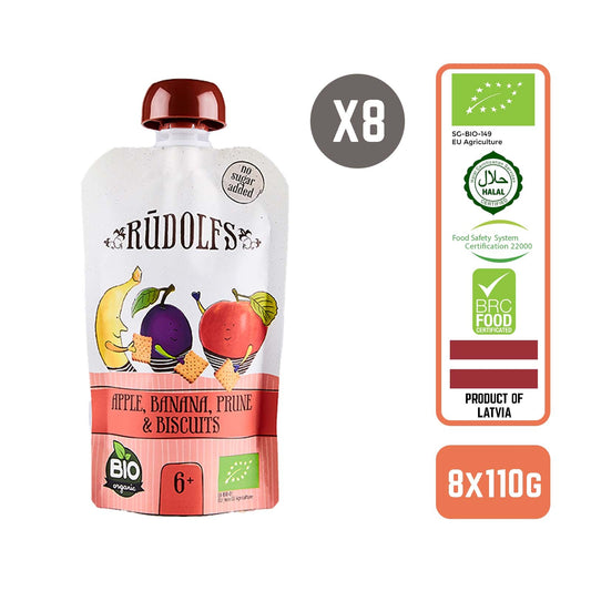 Rudolfs Organic Apple, Banana, Prune & Biscuits 6+ Months (8 pcs) - Foodsterr PTE LTD
