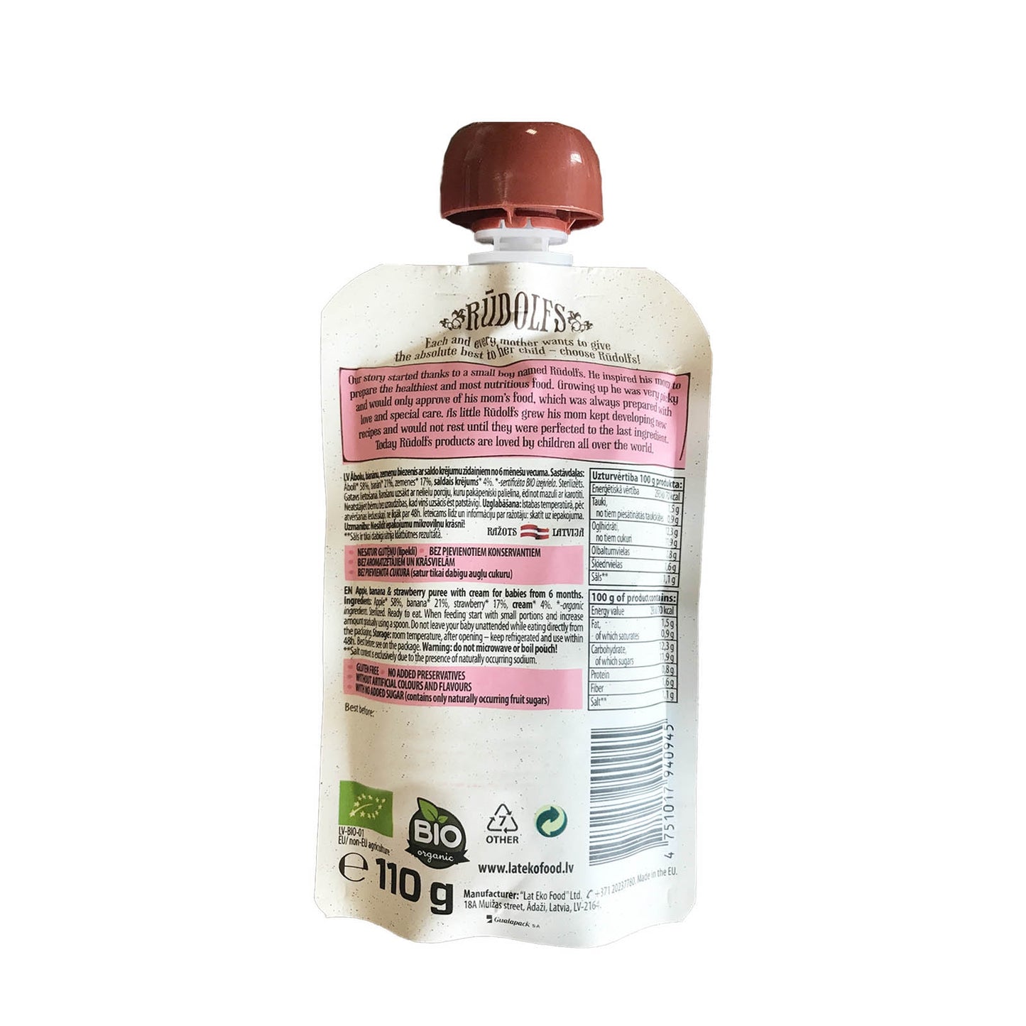 Rudolfs Organic Apple, Banana, Strawberry and Cream 6+ Months - Foodsterr PTE LTD