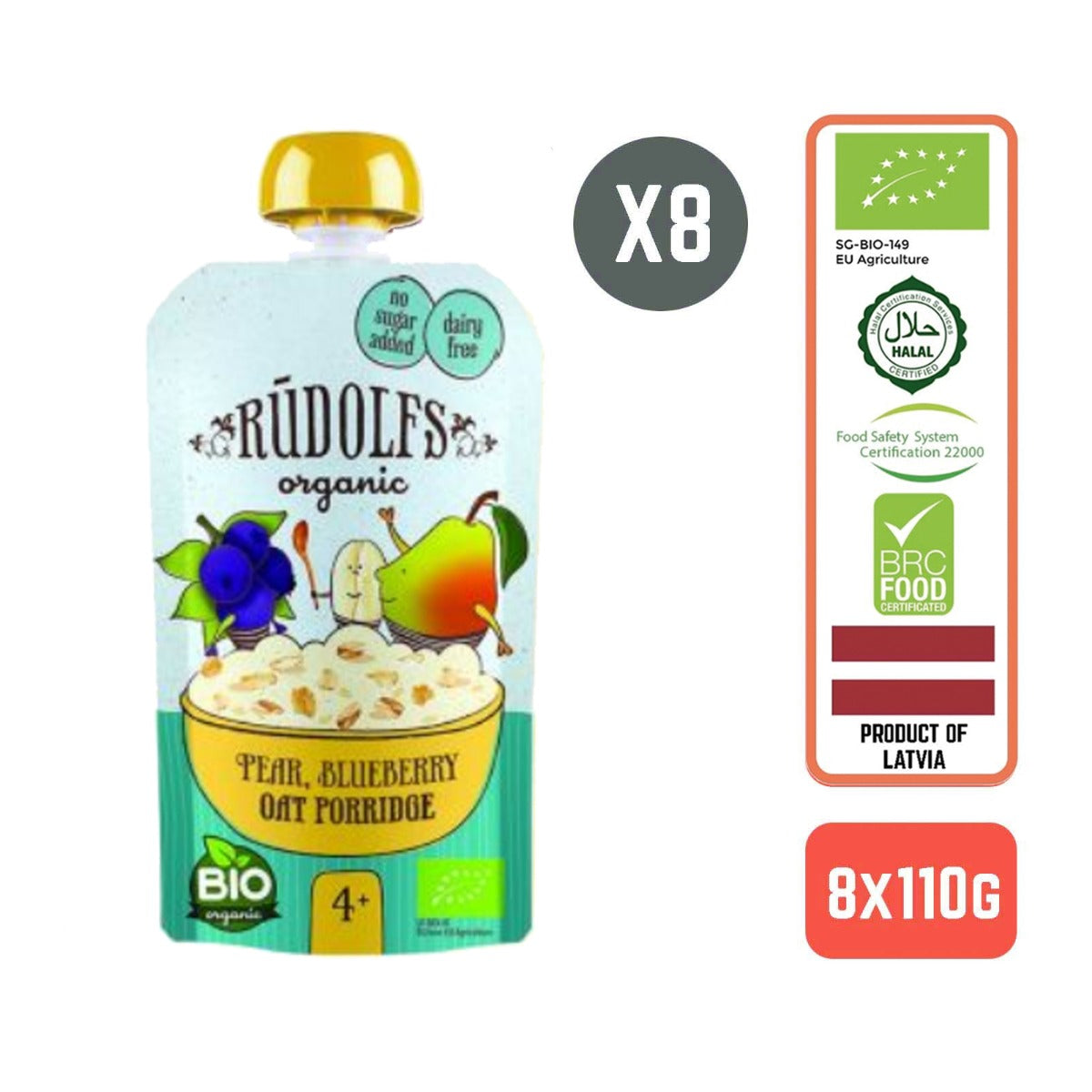 Rudolfs Baby Organic Pear Blueberry Oat Porridge 4+ Months (8 pcs) - Foodsterr PTE LTD