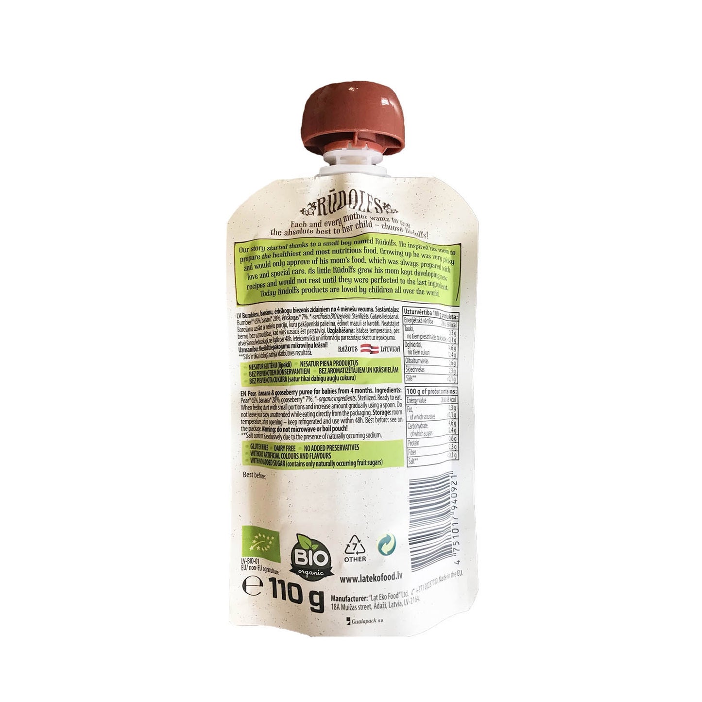 Rudolfs Organic Pear, Banana & Gooseberry 4+ Months (8 pcs) - Foodsterr PTE LTD
