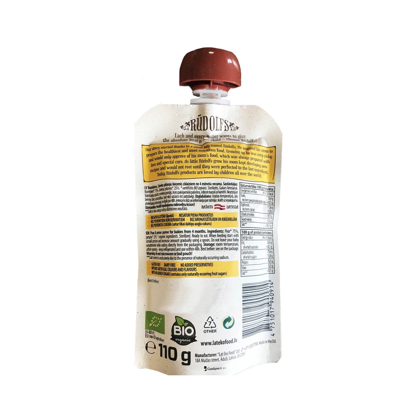 Rudolfs Organic Pear & Prune 4+ Months (8 pcs) - Foodsterr PTE LTD