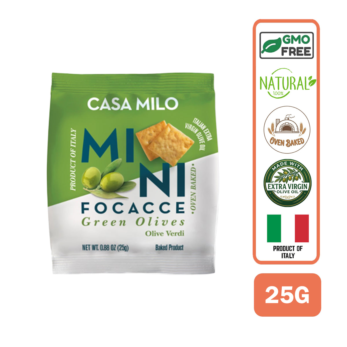 Casa Milo Mini Italian Baked Crackers Chips Focaccia - Green Olives 25g
