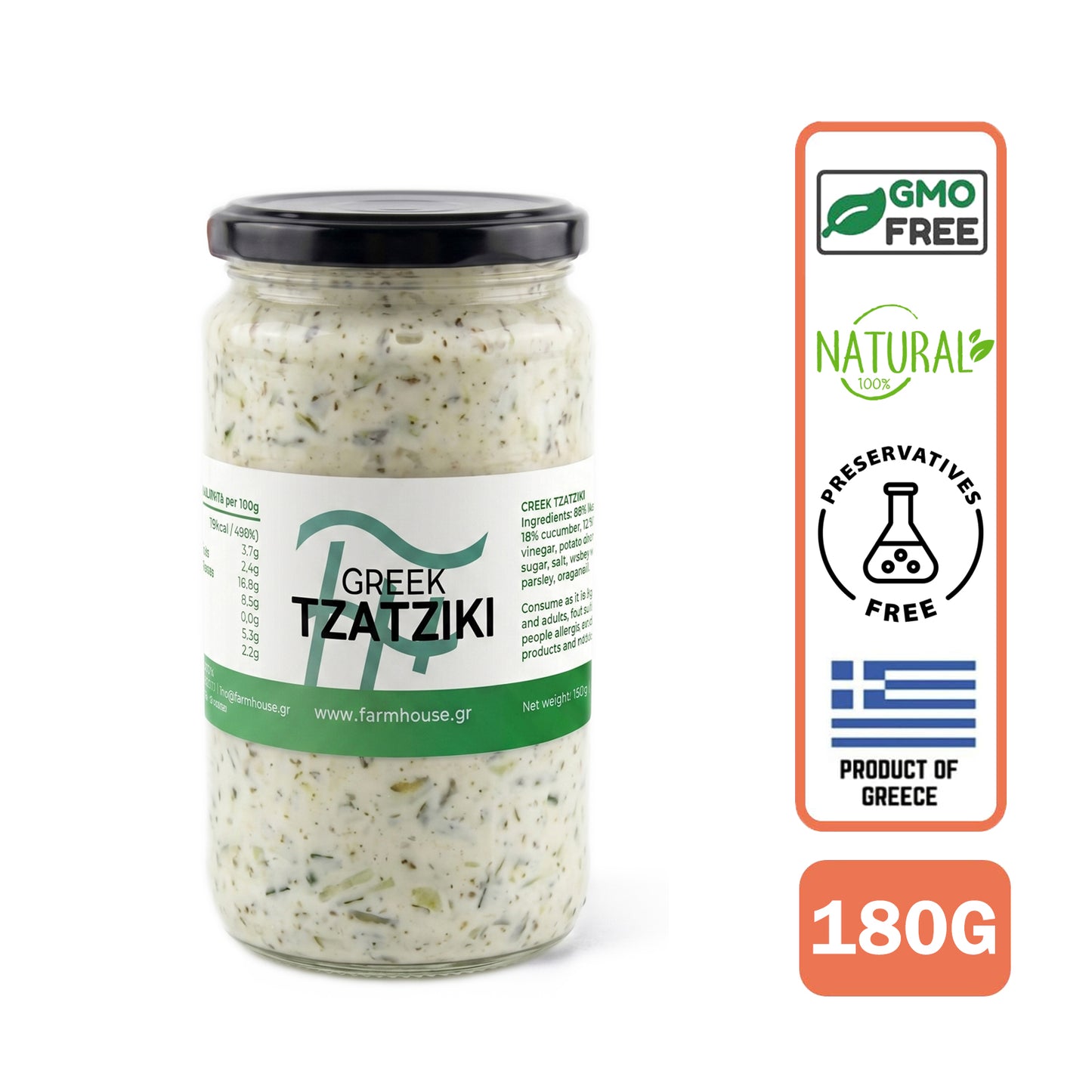 Farmhouse Greek Tzatziki. GMO & Preservative Free, 180g