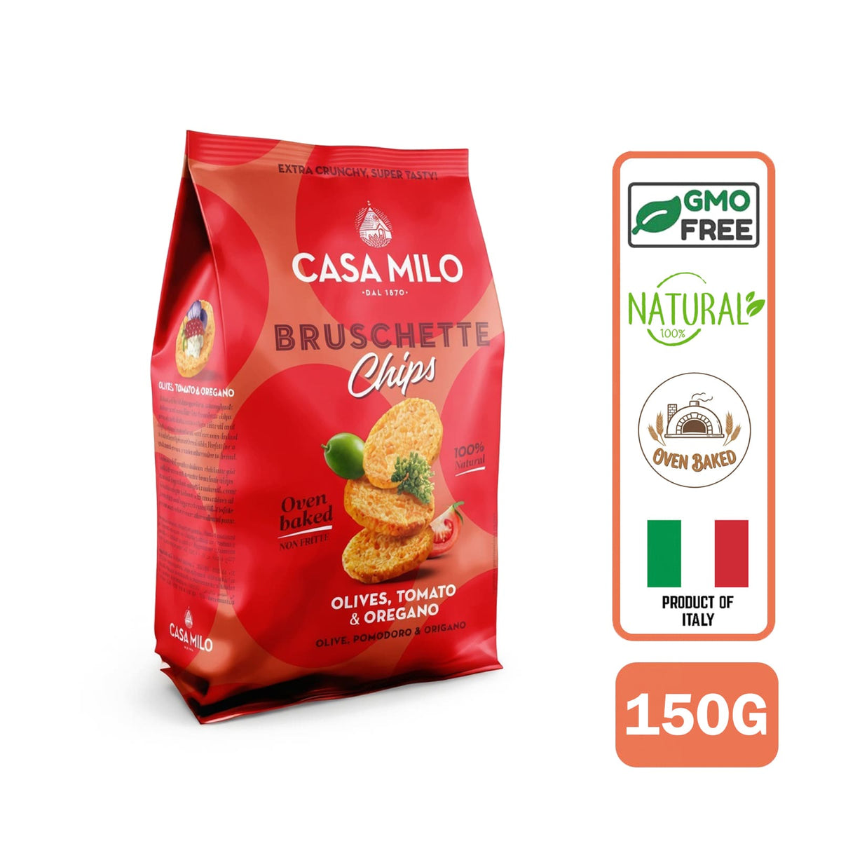 Casa Milo Italian Bruschetta Baked Crackers Chips - Tomato, Olive And Oregano, Pizza, All Natural 150g