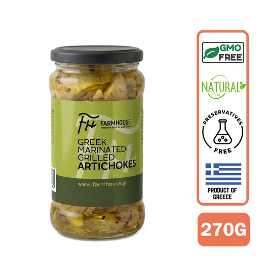 Farmhouse Greek Marinated Grilled Artichokes (Garlic, Oregano, Lemon, Pepper). GMO & Preservative Free, 270g