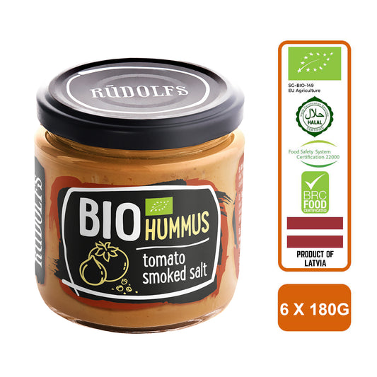 Rudolfs Organic Hummus with Tomato & Smoked Salt, 180g Carton (6 Bottles)
