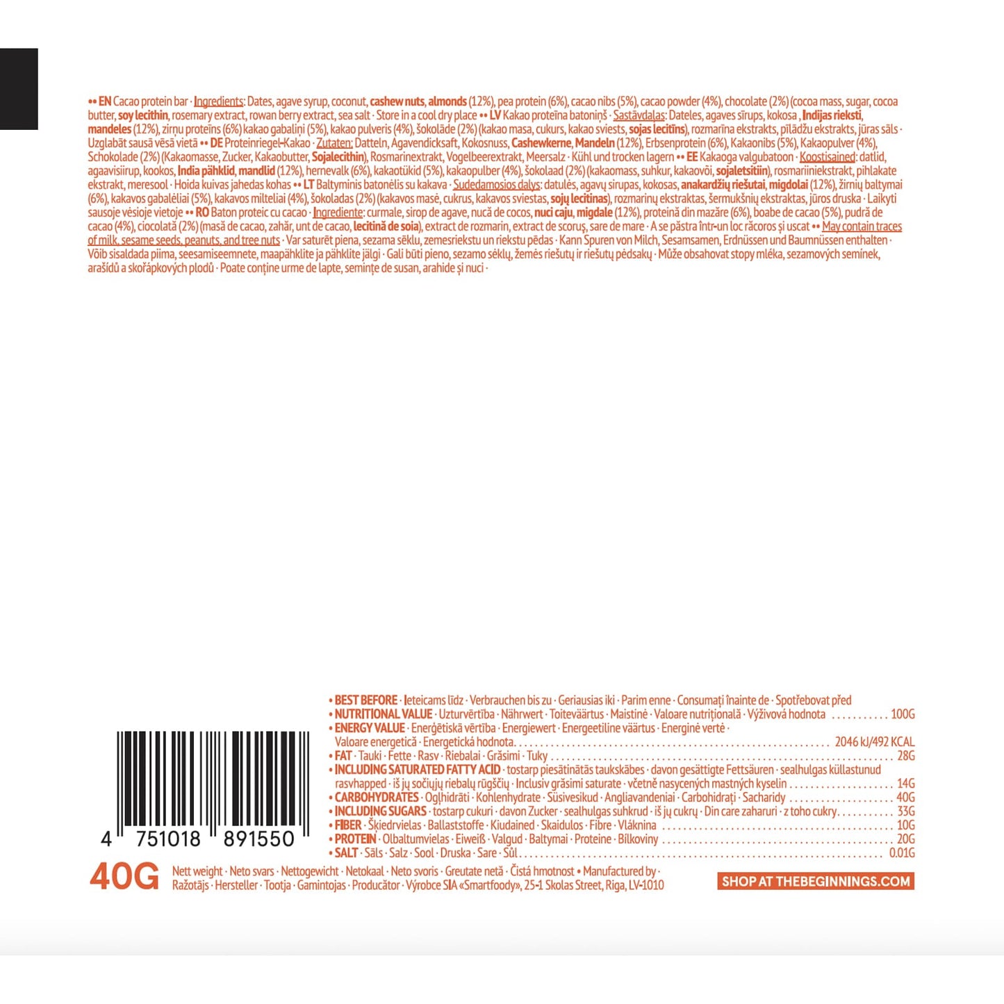 The Beginnings Cacao Protein Bar 40g