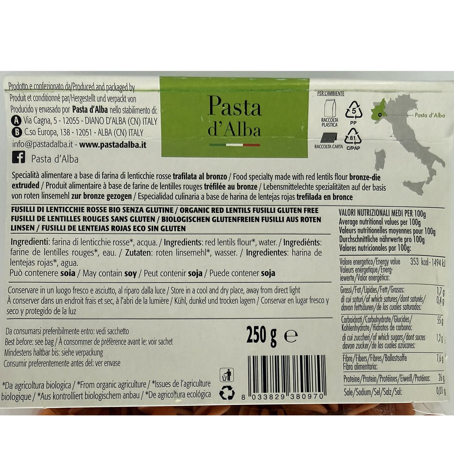 Pasta D'Alba Organic Gluten Free Artisinal Red Lentils Fusilli 250G