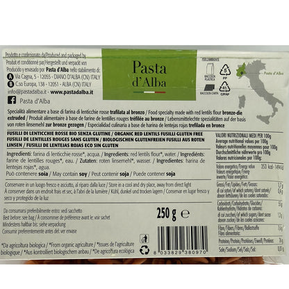 Pasta D'Alba Organic Gluten Free Artisinal Red Lentils Fusilli 250G