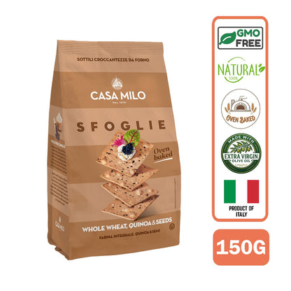 Casa Milo Italian Baked Flatbread Crisps Sfoglie All Natural Whole Wheat, Quinoa, Seeds 150g
