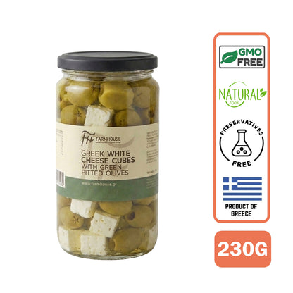 Farmhouse Greek White Cheese Cubes With Green Pitted Olives. GMO & Preservative Free, 230g