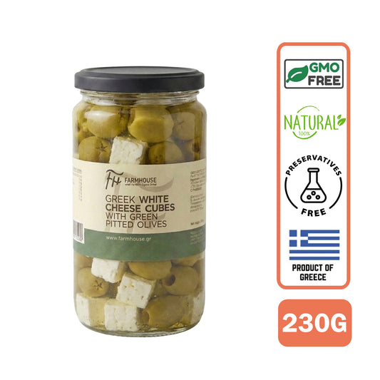 Farmhouse Greek White Cheese Cubes With Green Pitted Olives. GMO & Preservative Free, 230g