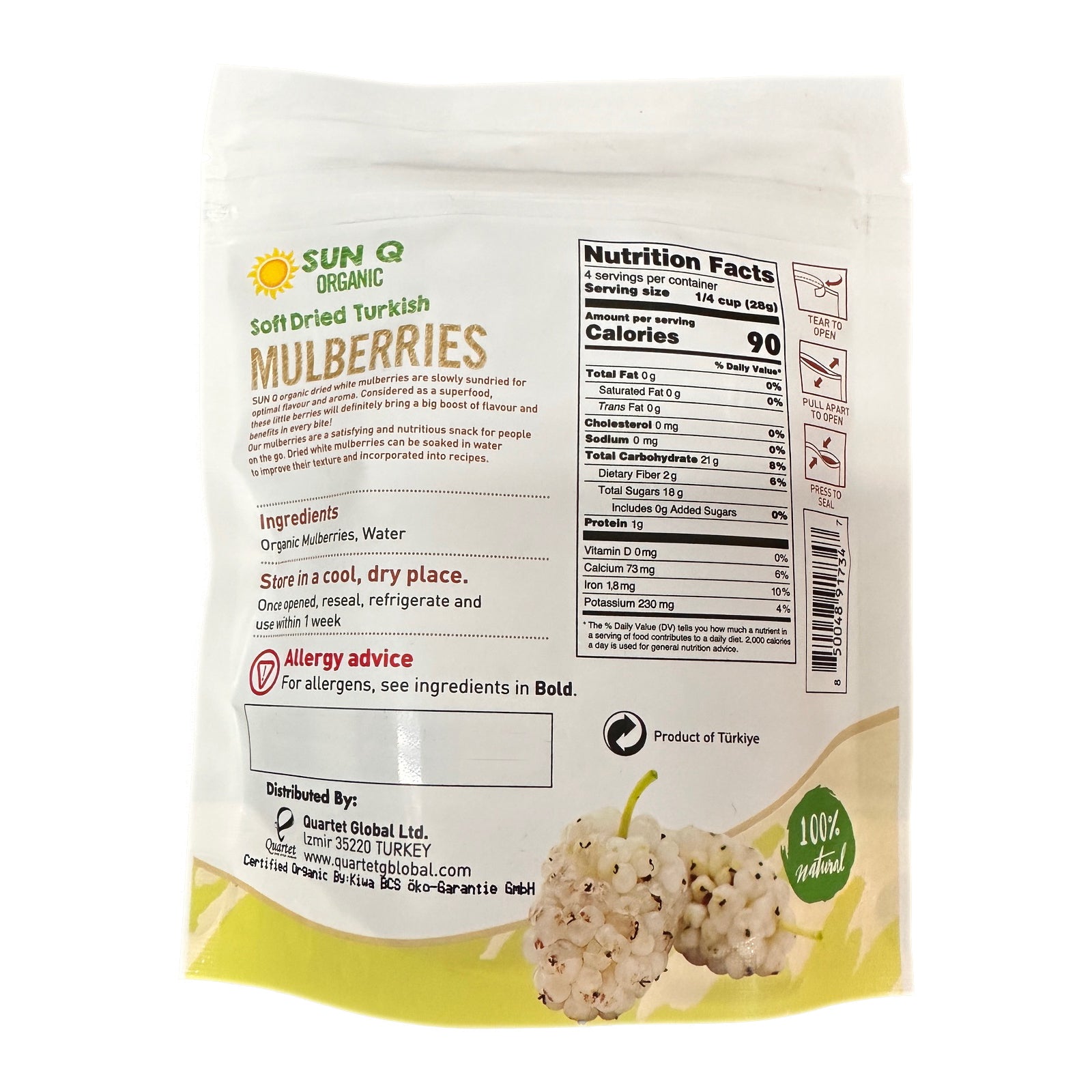 SunQ Organic Soft Dried Mulberries, 113g (6 Packets/Case) - Foodsterr PTE LTD