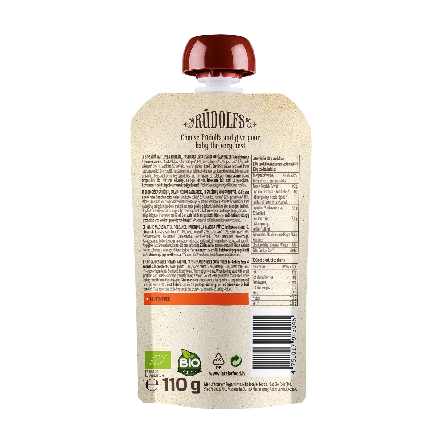 Rudolfs Baby Organic Sweet Potato, Carrot, Parsnip & Corn 6+ Months