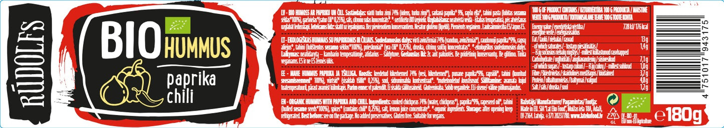 Rudolfs Organic Hummus with Paprika & Chili, 180g