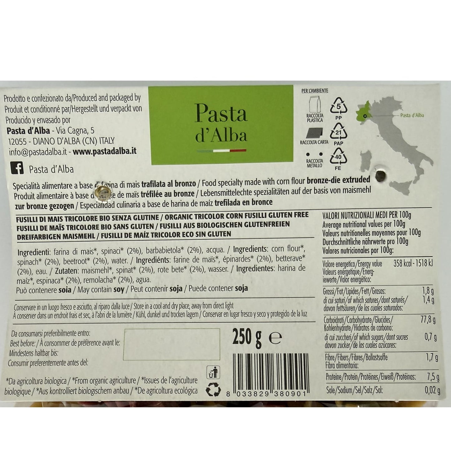 Pasta D'Alba Organic Gluten Free Artisinal Tricolor Fusilli 250G