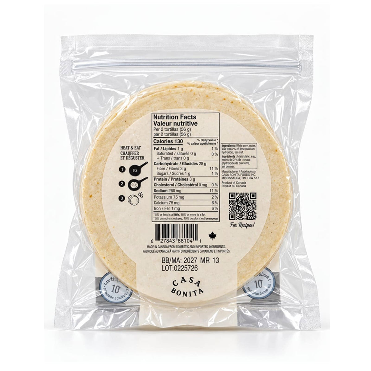 Casa Bonita Soft White Corn Tortillas 450g