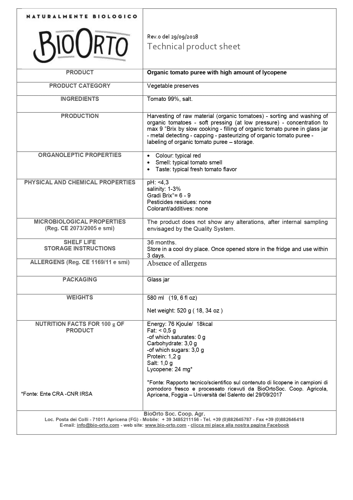 BioOrto Organic Tomato Passata Sauce with Lycopene, 520G
