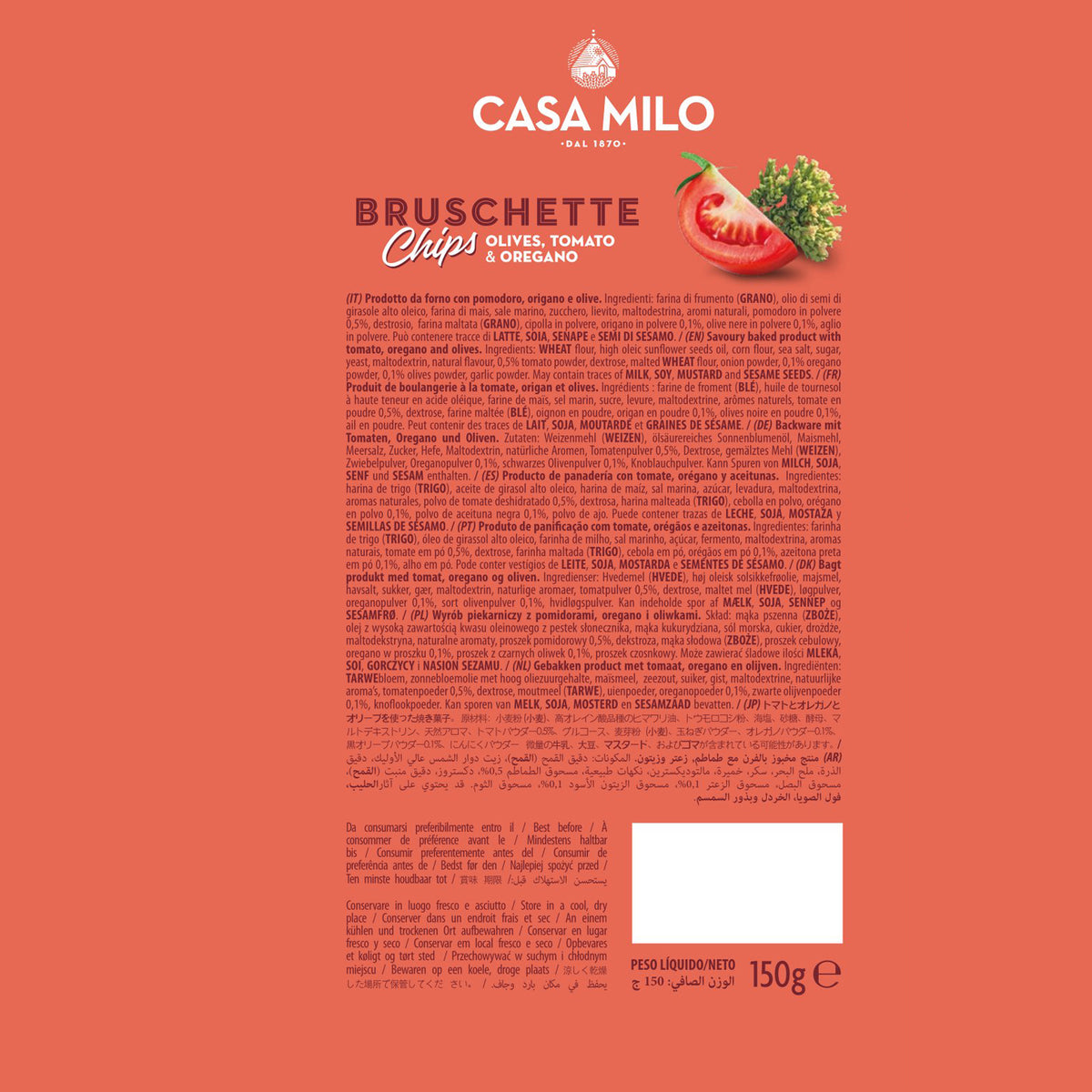 Casa Milo Italian Bruschetta Baked Crackers Chips - Tomato, Olive And Oregano, Pizza, All Natural 150g
