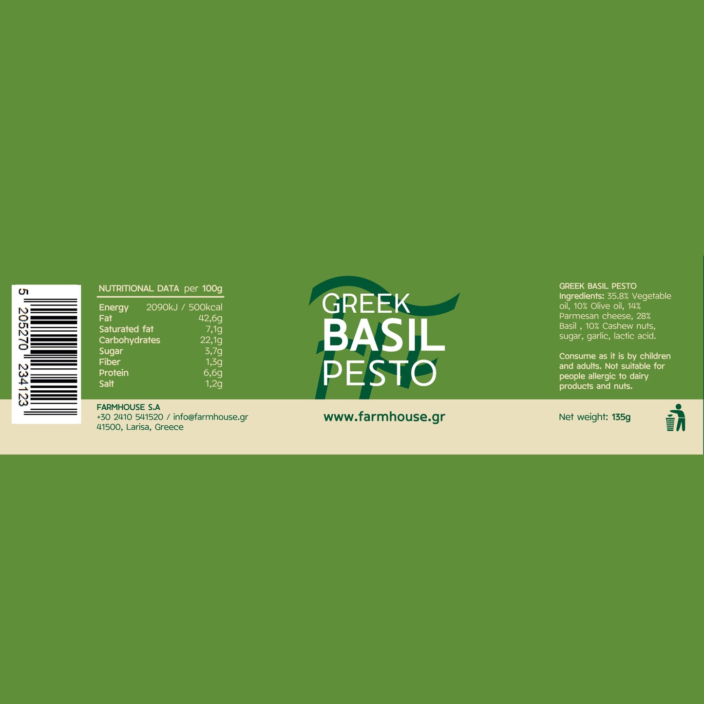 Farmhouse Basil Pesto. GMO & Preservative Free, 135g