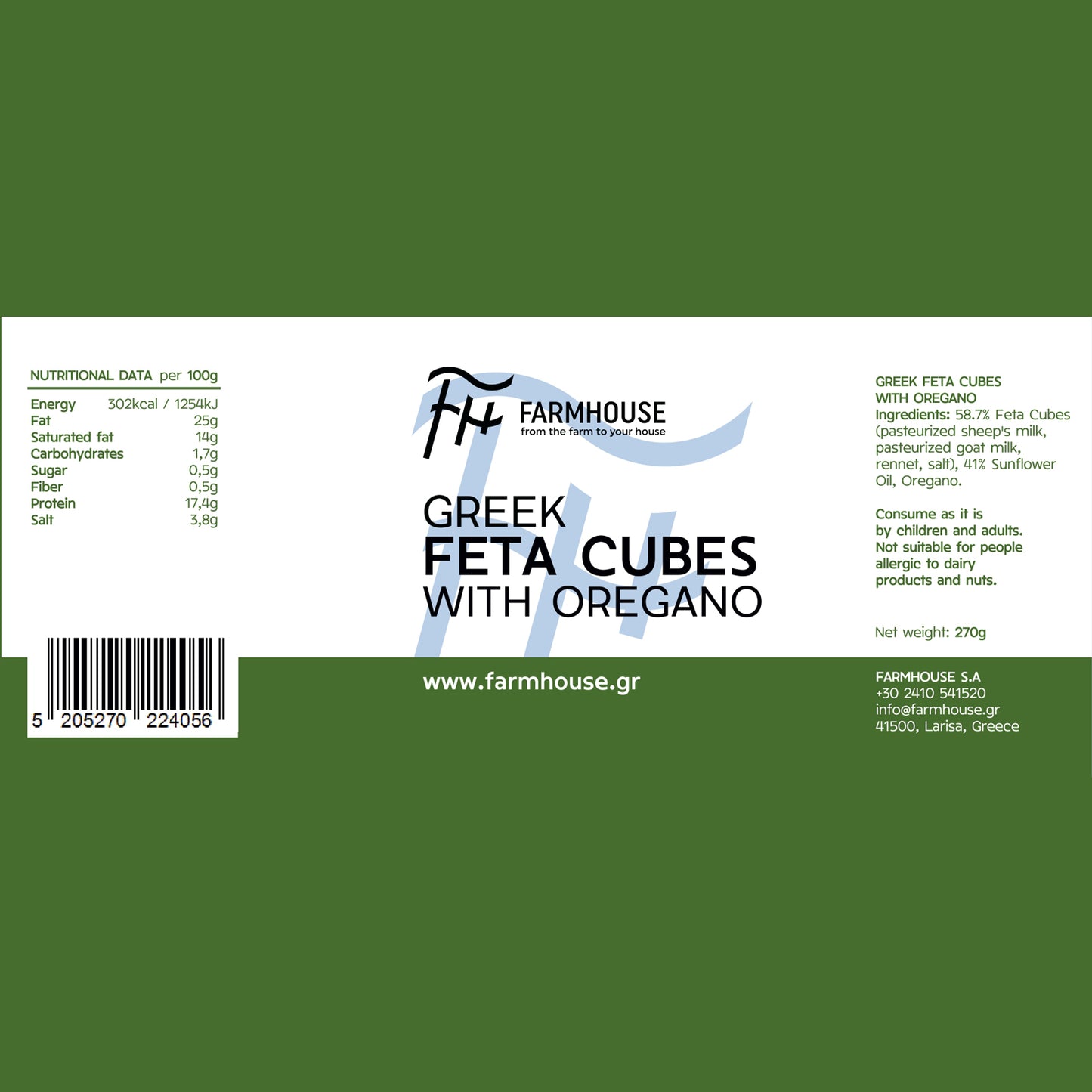 Farmhouse Feta Cubes With Greek Oregano. GMO & Preservative Free, 270g
