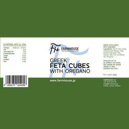 Farmhouse Feta Cubes With Greek Oregano. GMO & Preservative Free, 270g