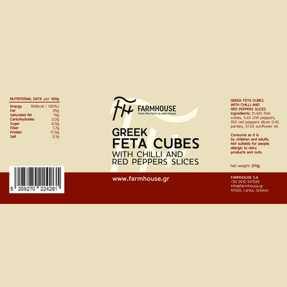Farmhouse Greek Feta Cubes With Chili Peppers. GMO & Preservative Free, 270g