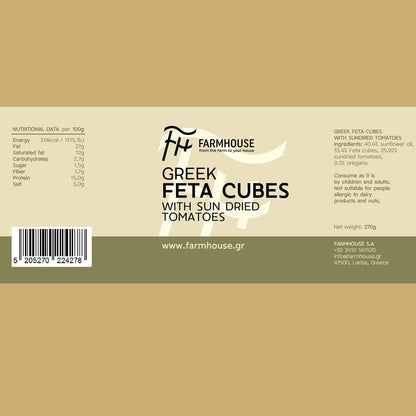 Farmhouse Greek Feta Cubes With Sundried Tomatoes. GMO & Preservative Free, 270g