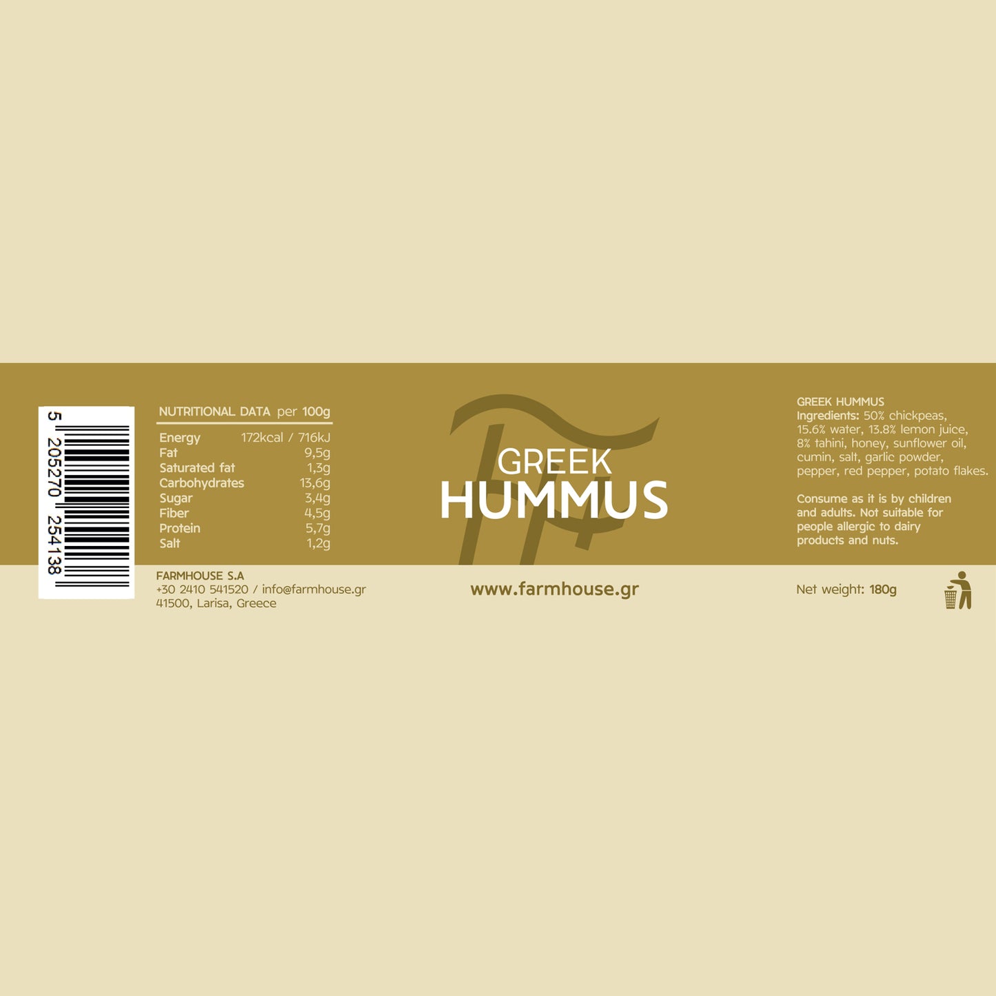 Farmhouse Greek Hummus. GMO & Preservative Free, 180g