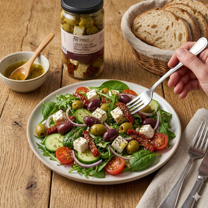 Farmhouse Greek Salad (Feta Cubes, Kalamata, Green, Peppers, Sundried Tomatoes, Oregano). GMO & Preservative Free, 270g