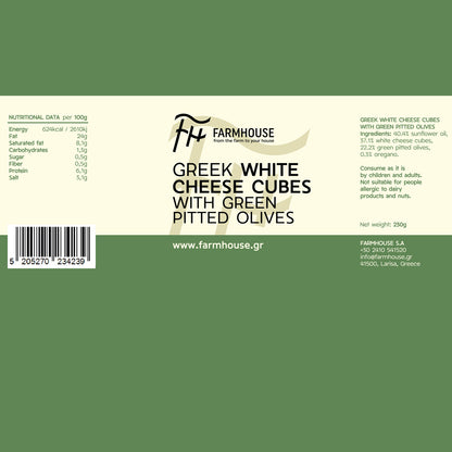 Farmhouse Greek White Cheese Cubes With Green Pitted Olives. GMO & Preservative Free, 230g