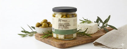 Farmhouse Greek White Cheese Cubes With Green Pitted Olives. GMO & Preservative Free, 230g