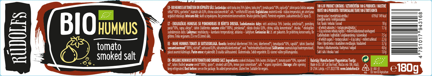 Rudolfs Organic Hummus with Tomato & Smoked Salt, 180g