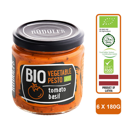 Rudolfs Organic Vegetable spread - Tomato & Basil (Gluten Free) 180g Carton (6 Bottles)