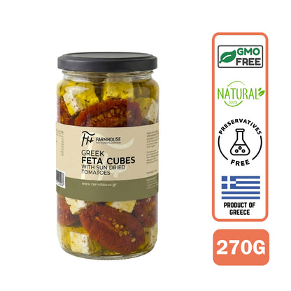 Farmhouse Greek Feta Cubes With Sundried Tomatoes. GMO & Preservative Free, 270g