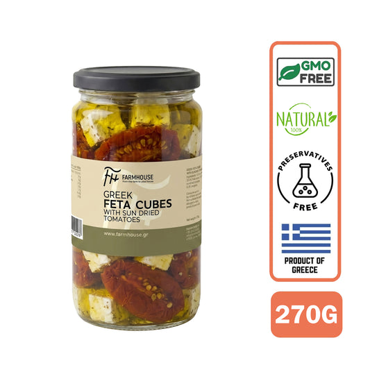 Farmhouse Greek Feta Cubes With Sundried Tomatoes. GMO & Preservative Free, 270g