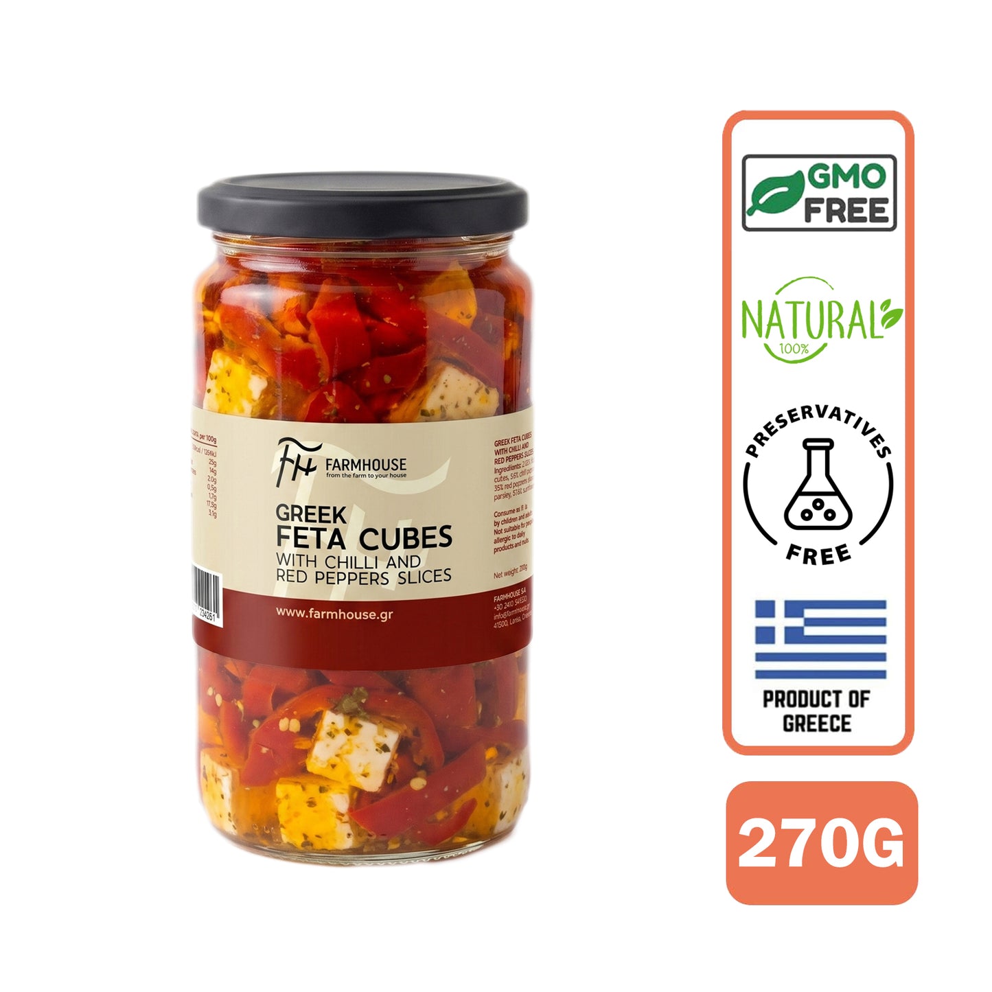 Farmhouse Greek Feta Cubes With Chili Peppers. GMO & Preservative Free, 270g